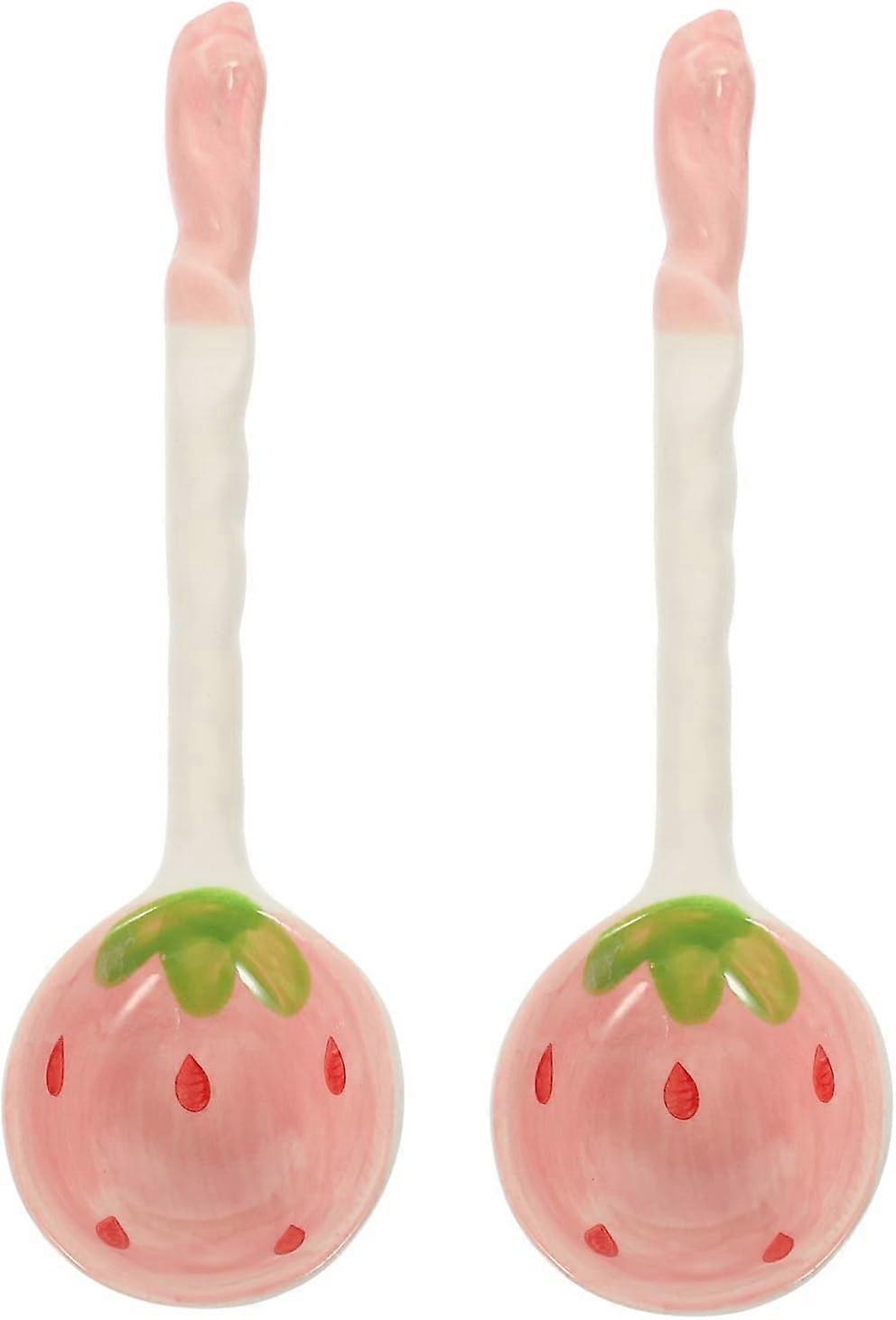 2Pcs Large Ceramic Spoons Ramen Soup Spoons With Long Handle Fruit Pattern Serving Spoon Ladles For Kitchen Restaurant