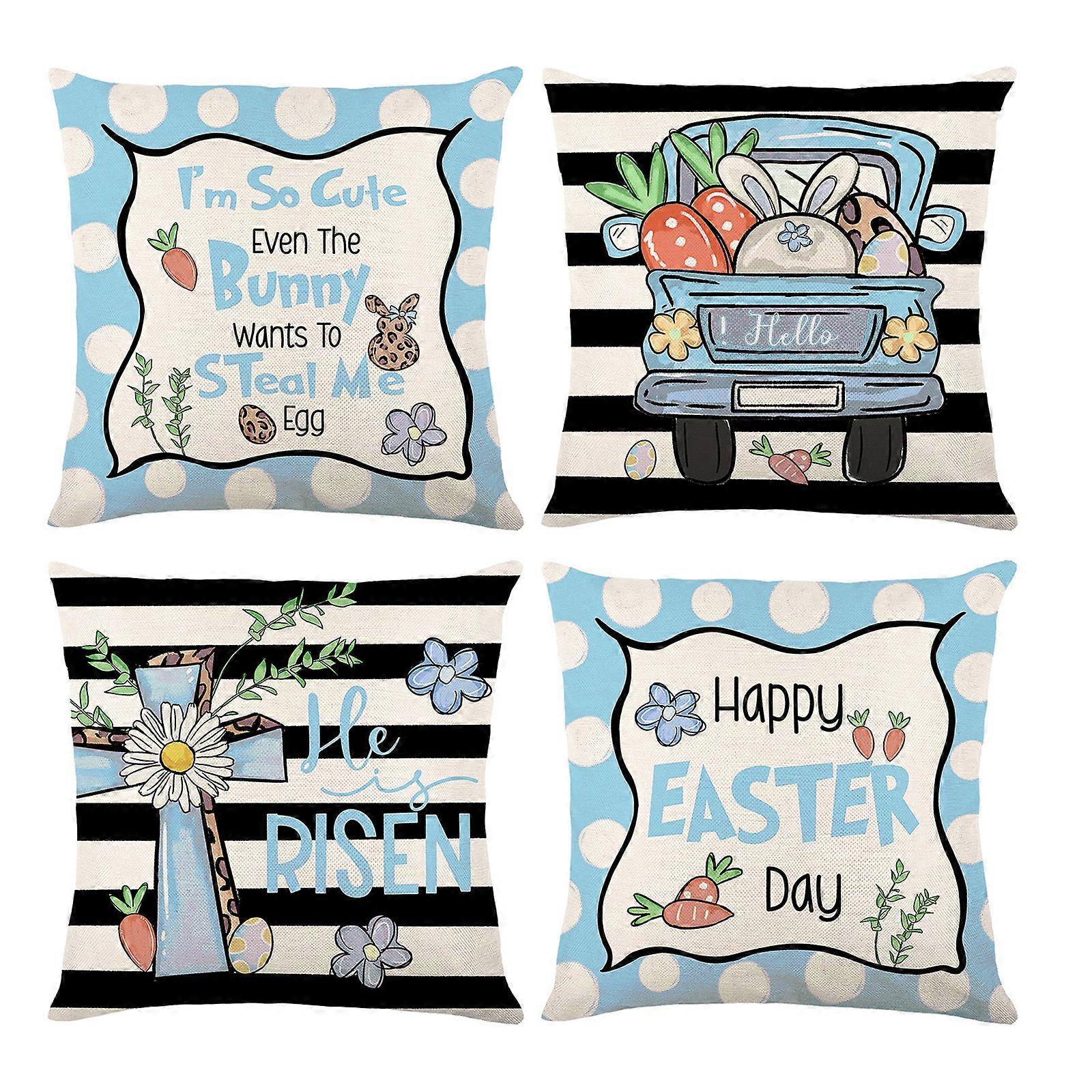2023 New Easter Pillow Covers Set of 4 Easter Pillowcase Bunny Easter Eggs Linen Square Pillowcase