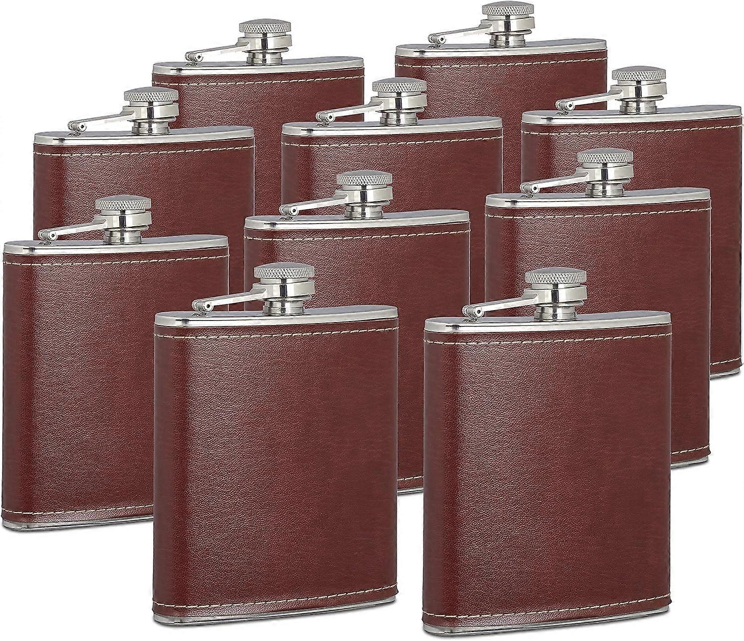 10x 200 ml kolvar, fickplunta i rostfritt stål, med konstläderbeläggning