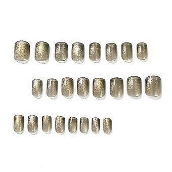 24pcs Prego Falso Curto Cor Sólida Cobertura Completa Prego Com Brilhos Dourados Modelos de Cola
