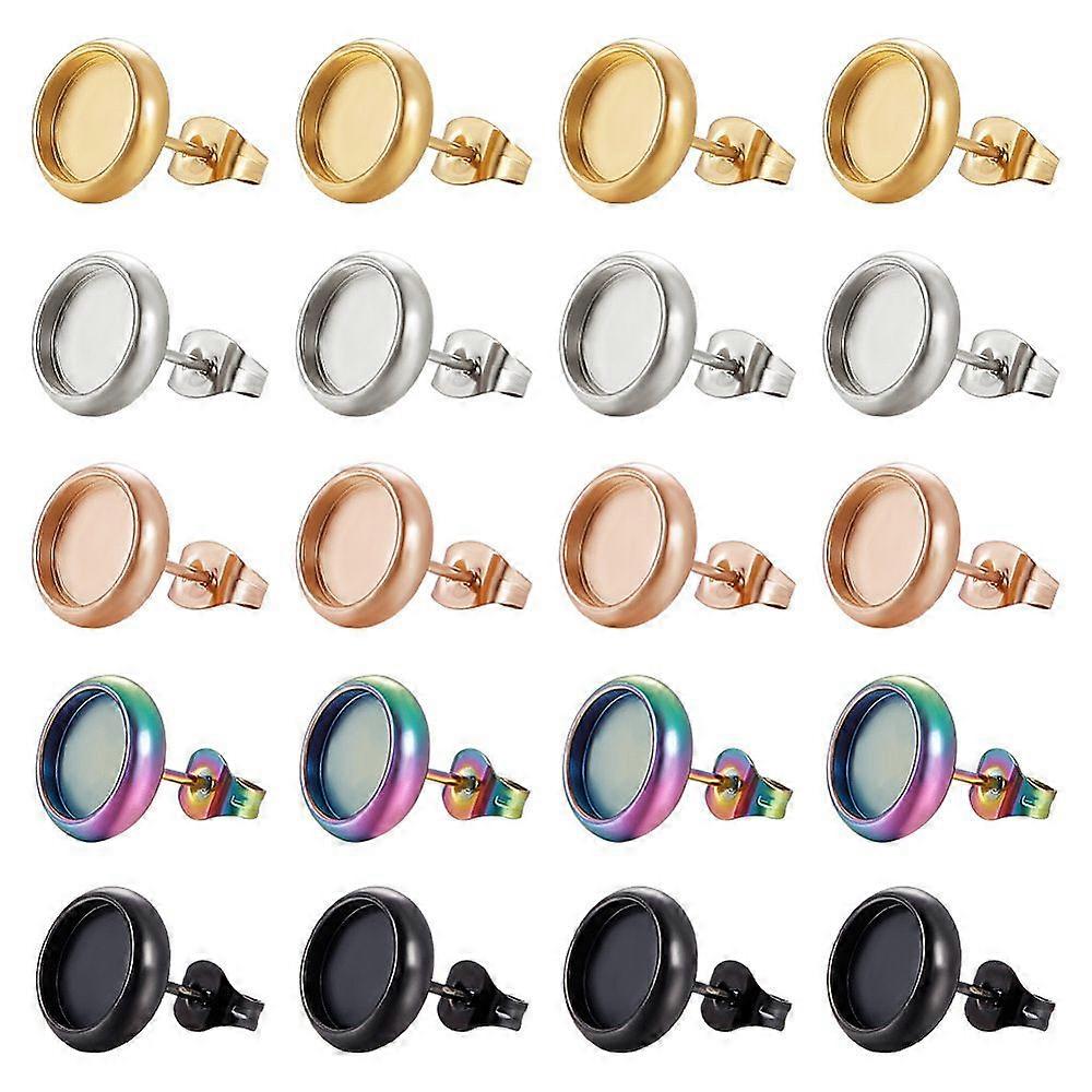 1Box 40Pcs 5 Color Ion Plating(IP) 304 Stainless Steel Stud Earring Settings with Ear Nuts Flat Round Mixed Color 10.5mm Pin: 0.8mm Tray: 8mm 8Pcs/col
