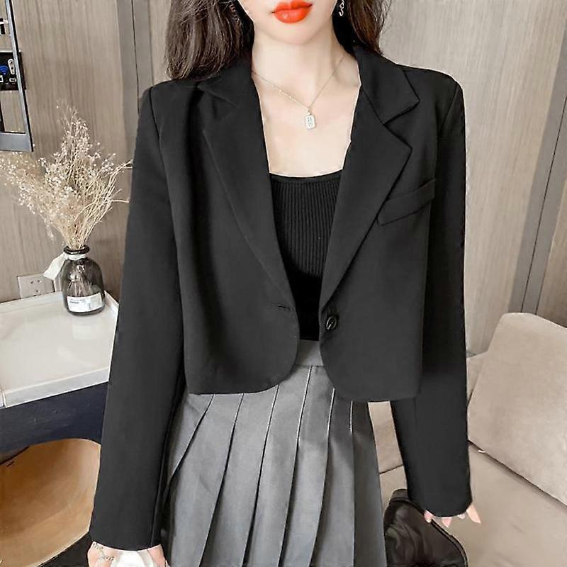 Korean Cropped Blazers Women Solid Color Simple Single-button Outwear Teens All-match Long Sleeve Office Suit Jacket