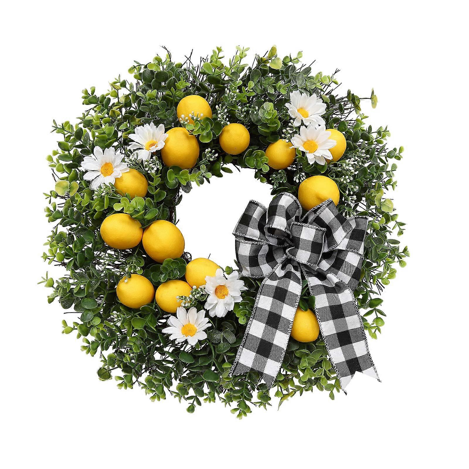 Lemon wreath with plaid bow for spring and summer door decorations