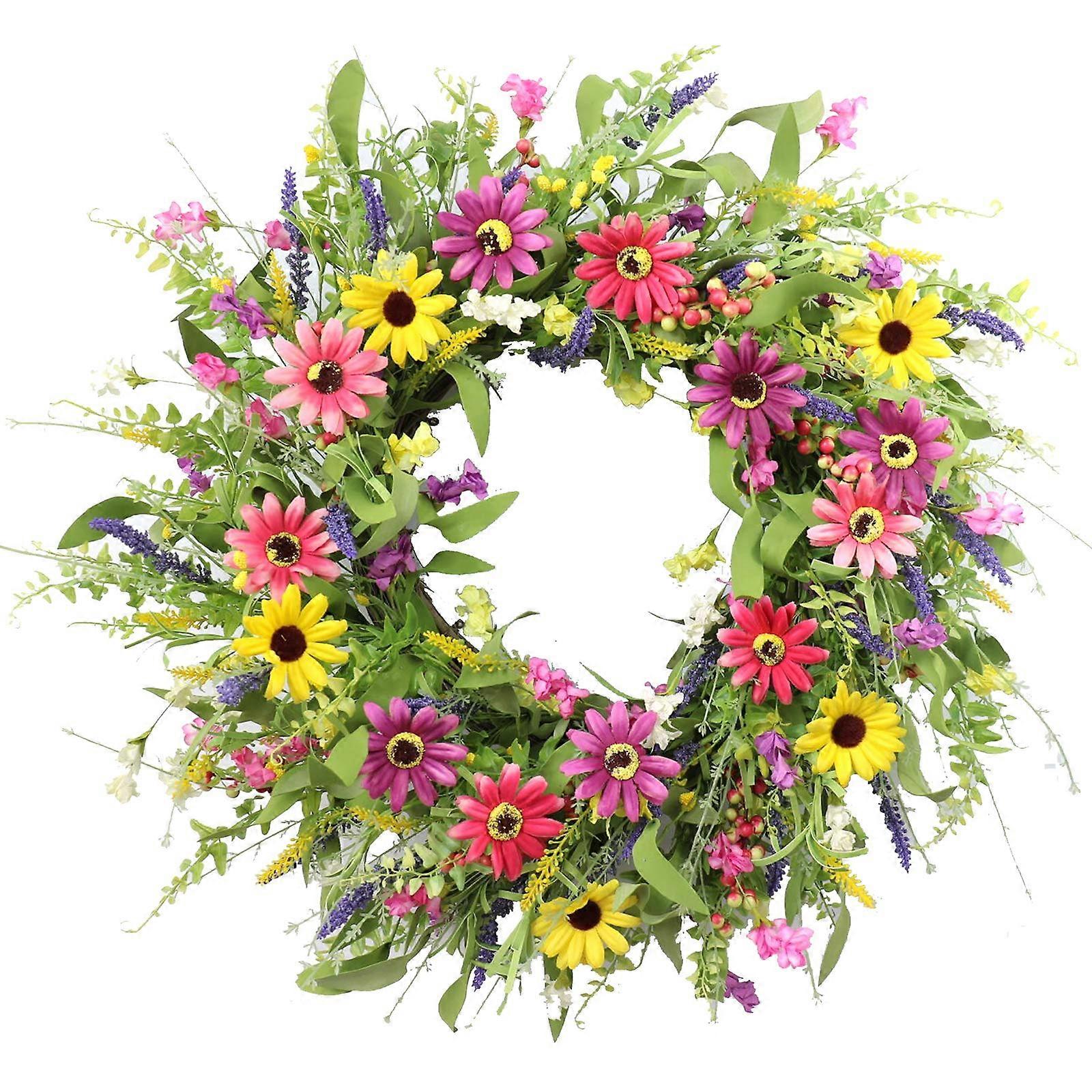 24" Artificial Spring/Summer Wreath for Front Door - Daisy, Lavender, and Berries