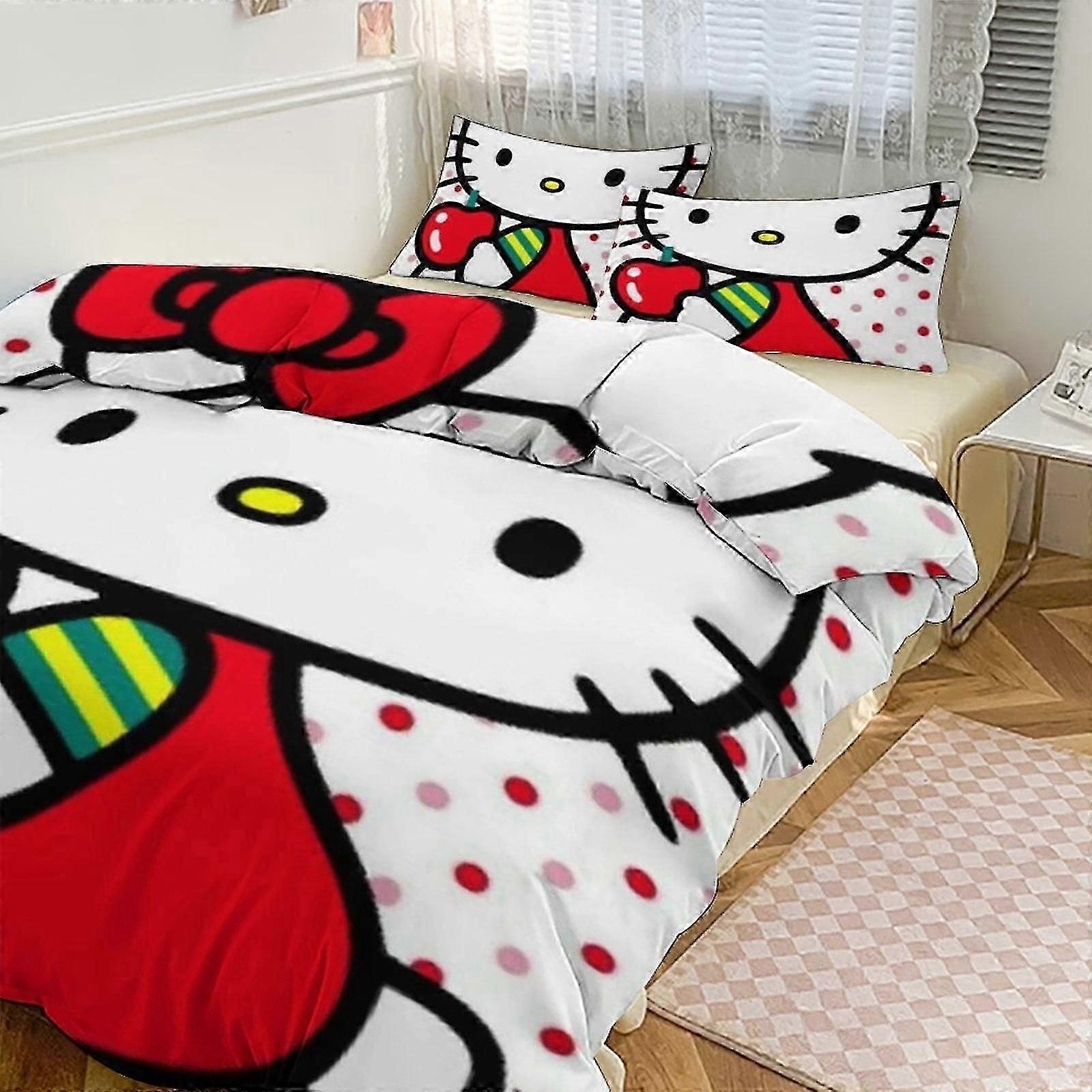 o1676 Lençóis Hello Kitty Bedding Se para Crianças Homens Mulheres Twin Size3s Capa de Edredom e Fronhas- (1 Capa de Edredom e 2 Fronhas) Lençóis