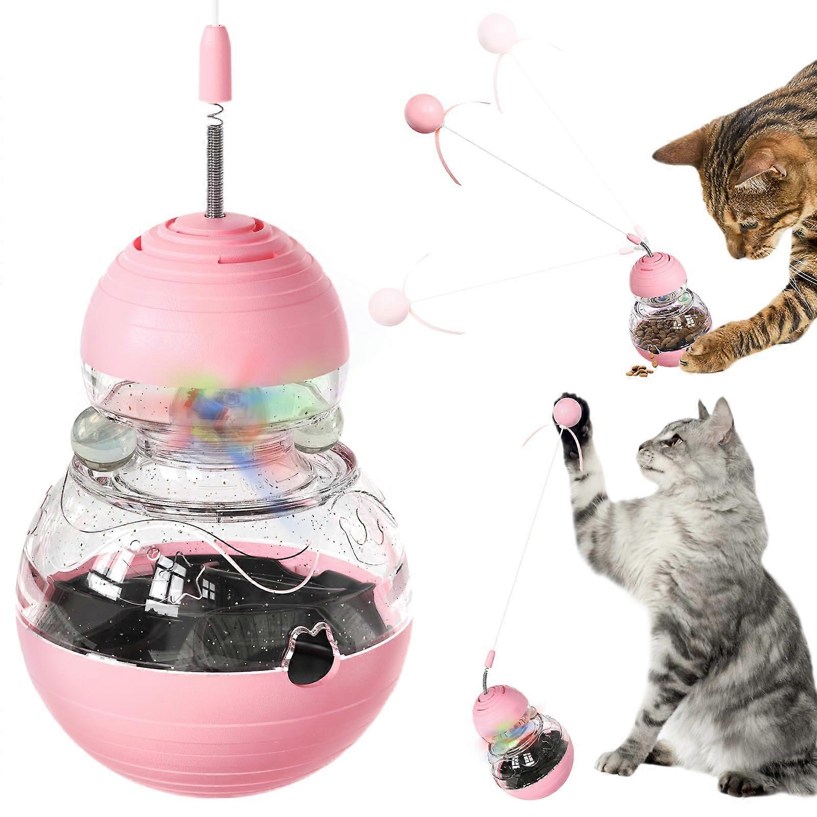 Interactive Cat Toy Gourd Tumbler with Teaser Wand and Treat Dispenser Safe Durable Design for Kitten Exercise Pink