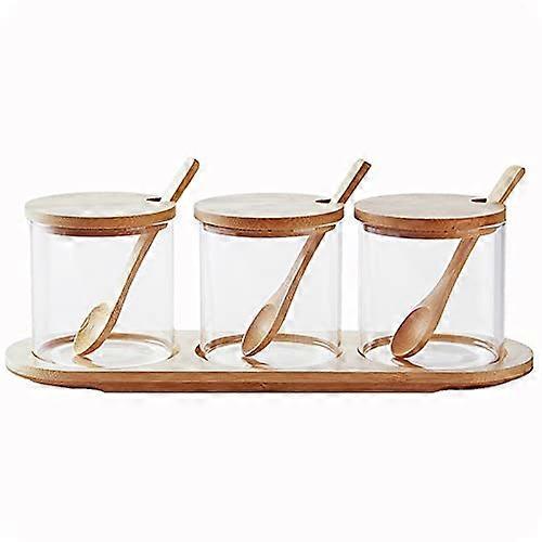 Condiment Containers with Lids 3 Pack Bamboo Spice Jars with Spoons for Seasoning Salt Sugar Cruet Kitchen Storage