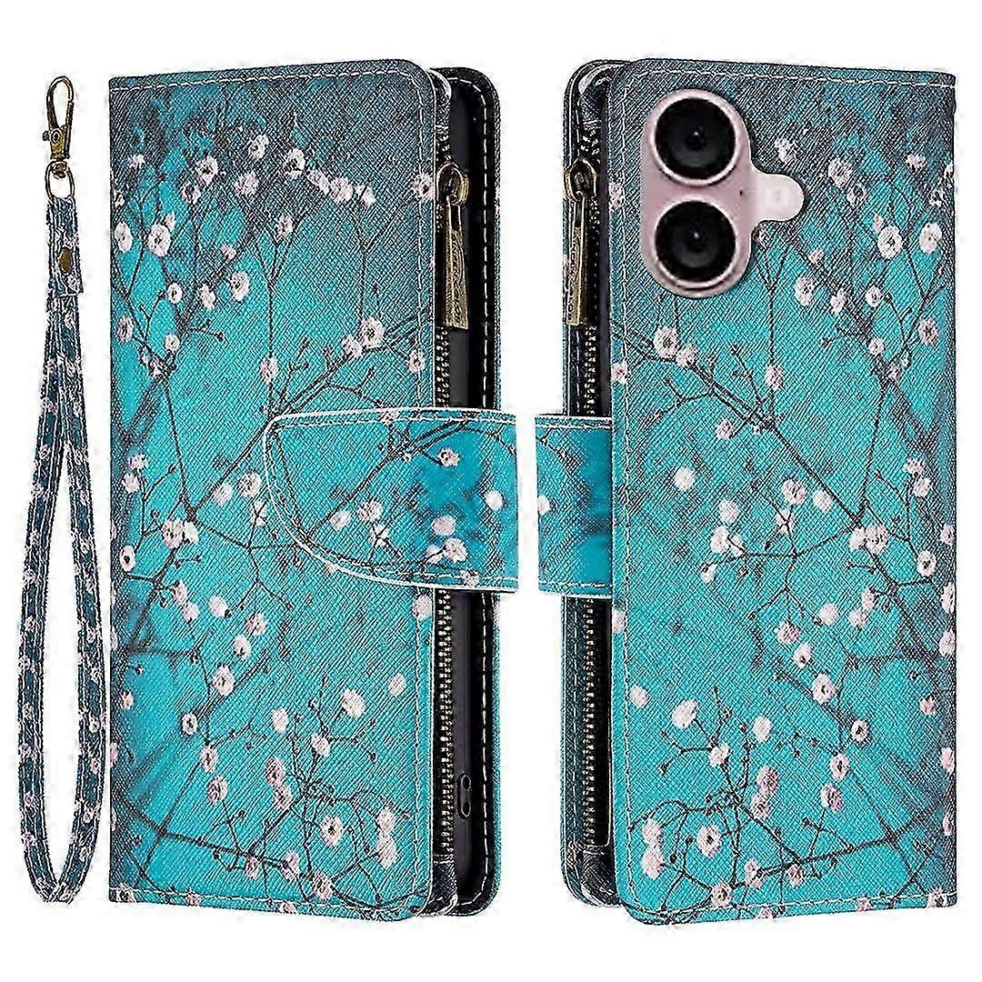 BF03 For iPhone 16 Case Pattern Printing Zipper Leather Phone Stand Cover