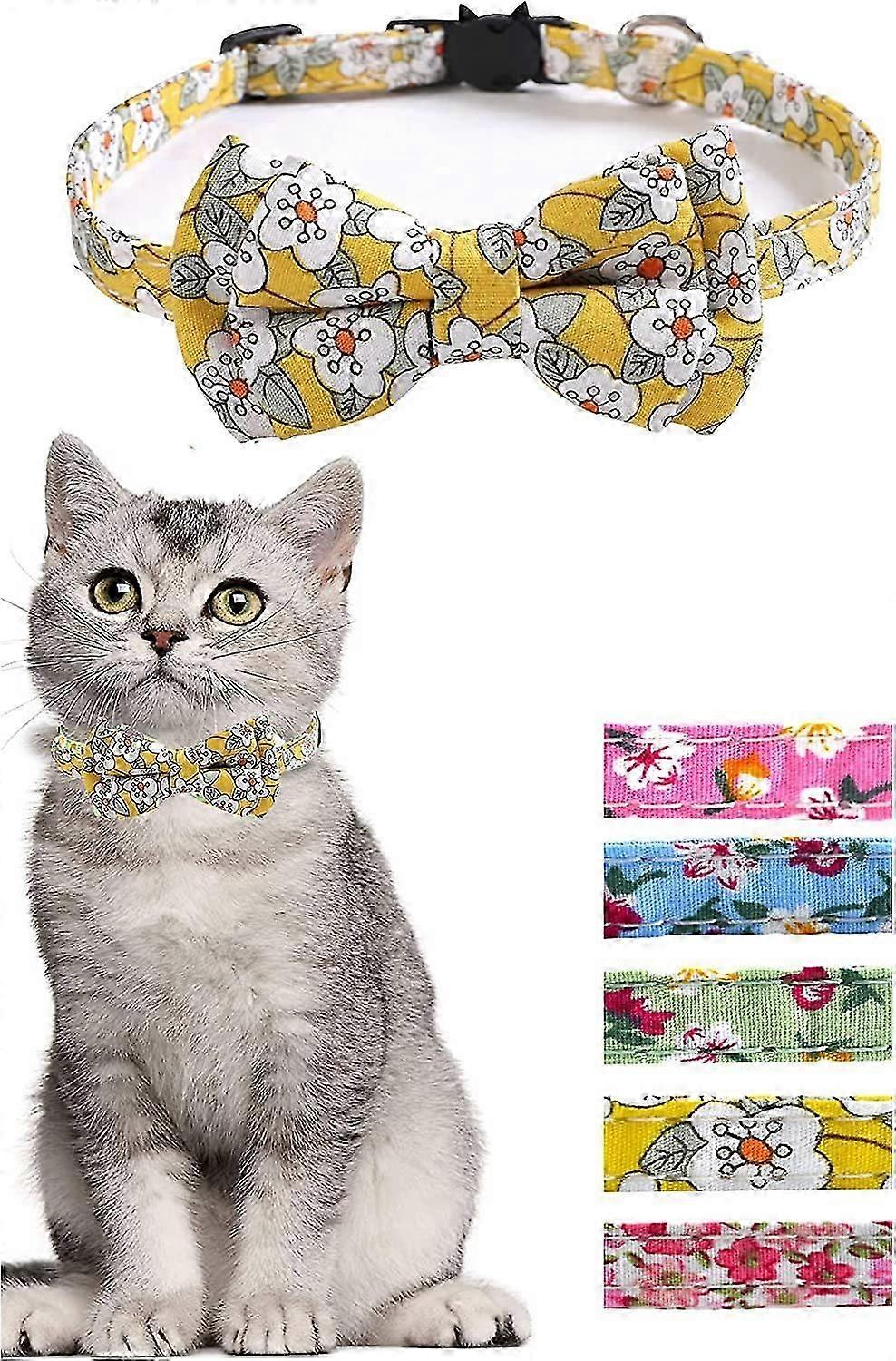 Cat Collar with Bow Tie and Bell Yellow Floral Pattern