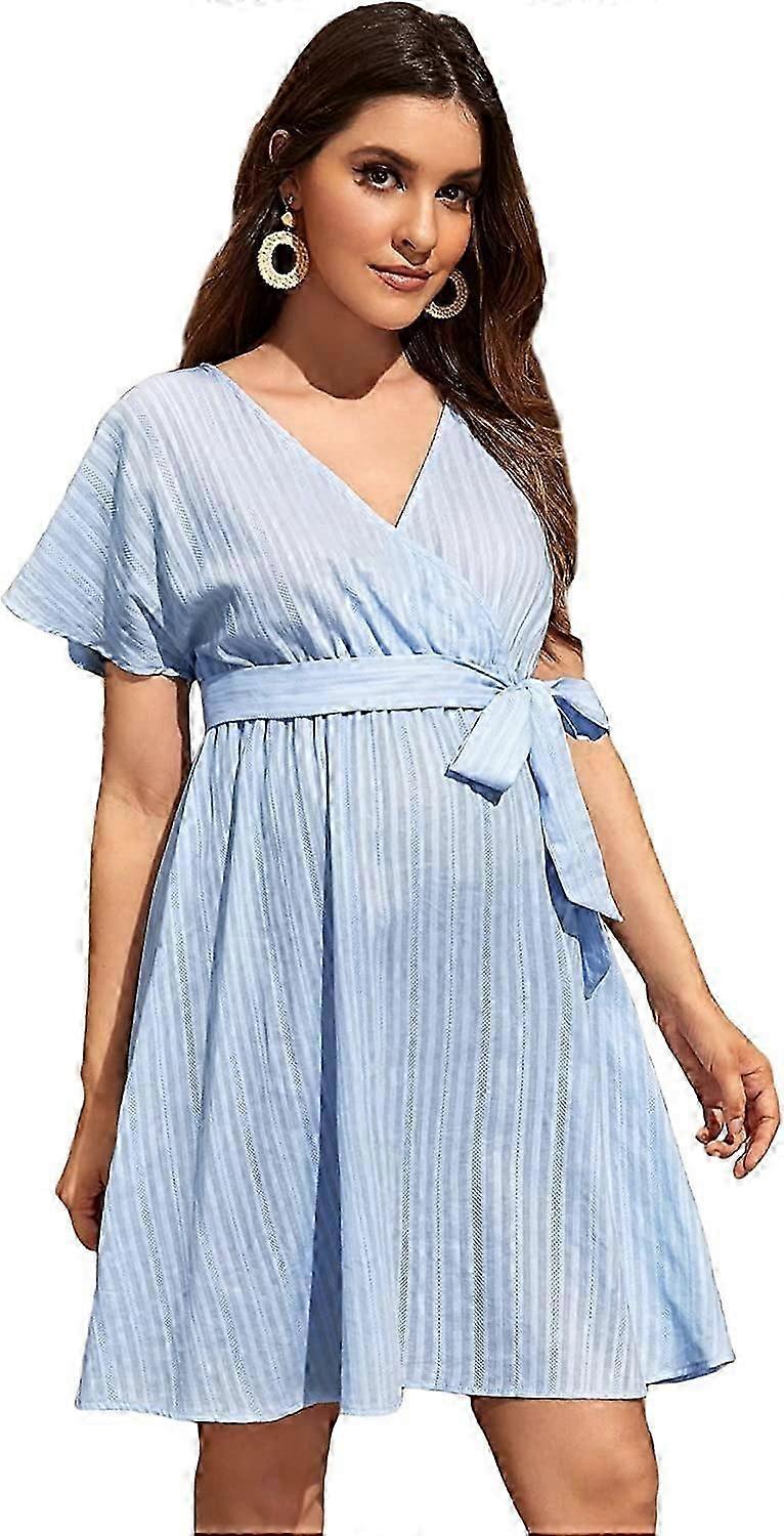 Women's Maternity Summer Dress Short Sleeve Wrap V Neck A Line Belted Dress S-2XL