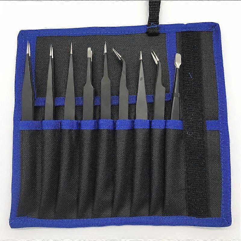 Anti-static Tweezers Precision ESD Tweezers Maintenance Tools Kit, , black 9 pcs