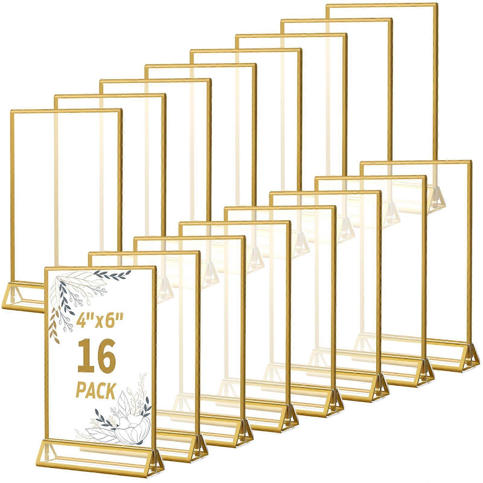 16 Pack 4x6 Acrylic Sign Holder with Gold Frame Table Number Clear Holders Picture Frames Flyer Stands Tables Menu Holder for Restaurant