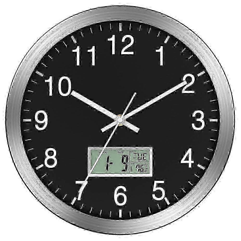 New Models 12-Inch Wall Clock with Digital Date, Week & Indoor Temperature - Battery Operated, Auto Sets