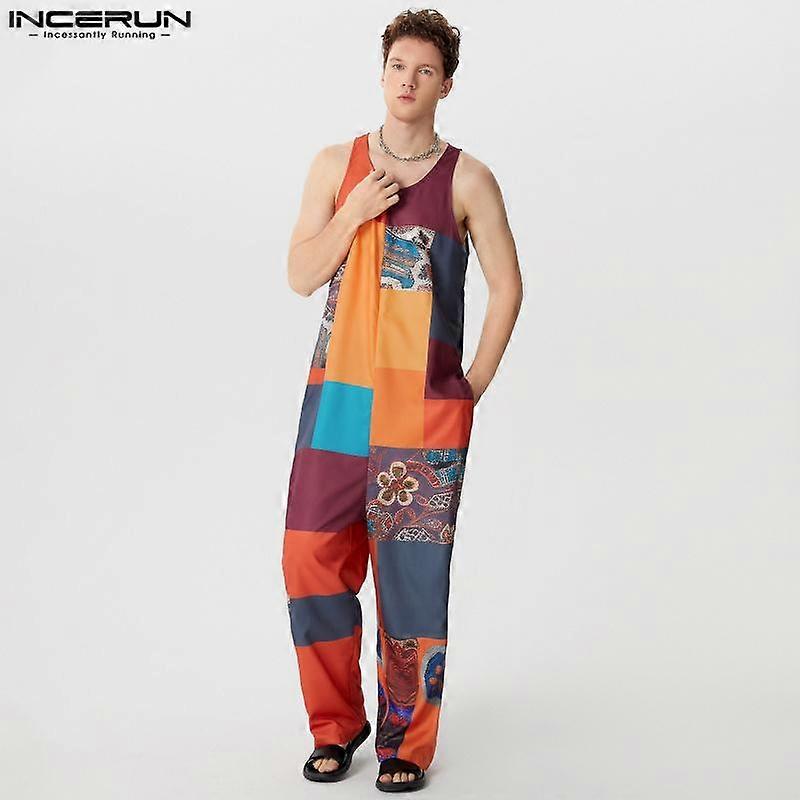 INCERUN Men Vintage Floral Print Patchwork Long Jumpsuit Rompers