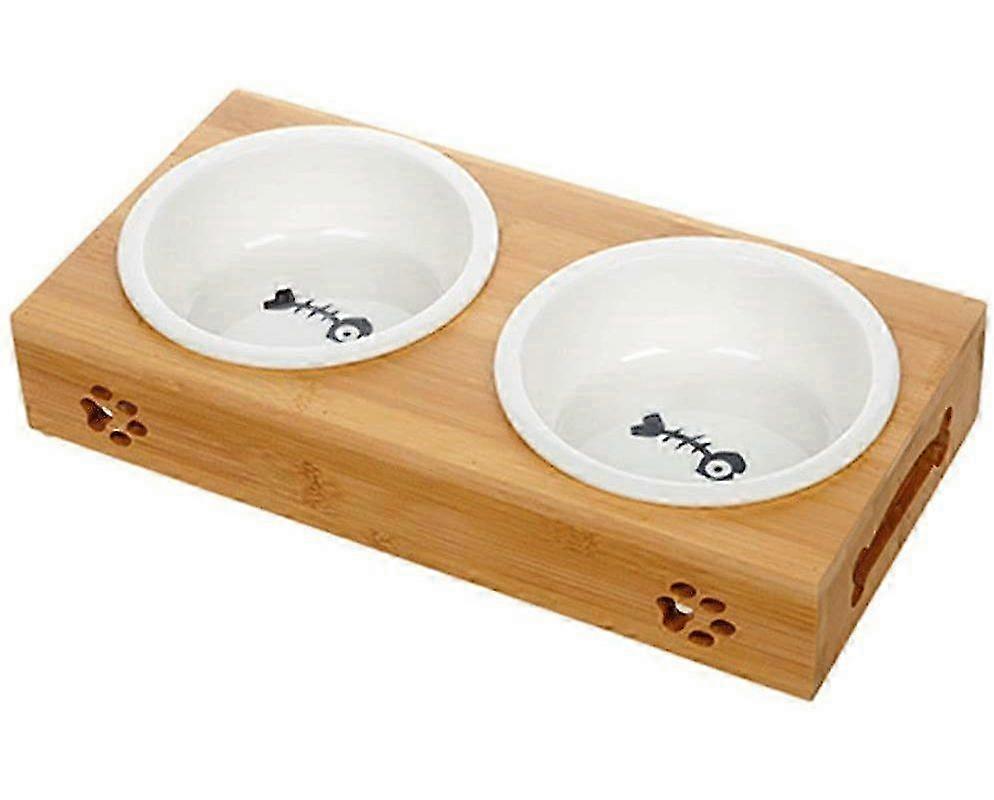 Ceramic Cat Bowls Set with Bamboo Stand, Elevated for Food & Water