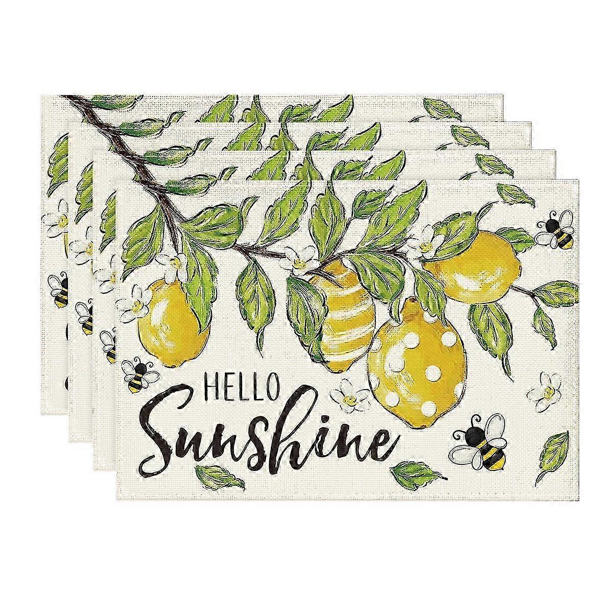 Set of 4 Kitchen Dining Placemats Featuring Lemon Bees and Leaves, 12x18 Inch Size for a Cheerful Table Presentation