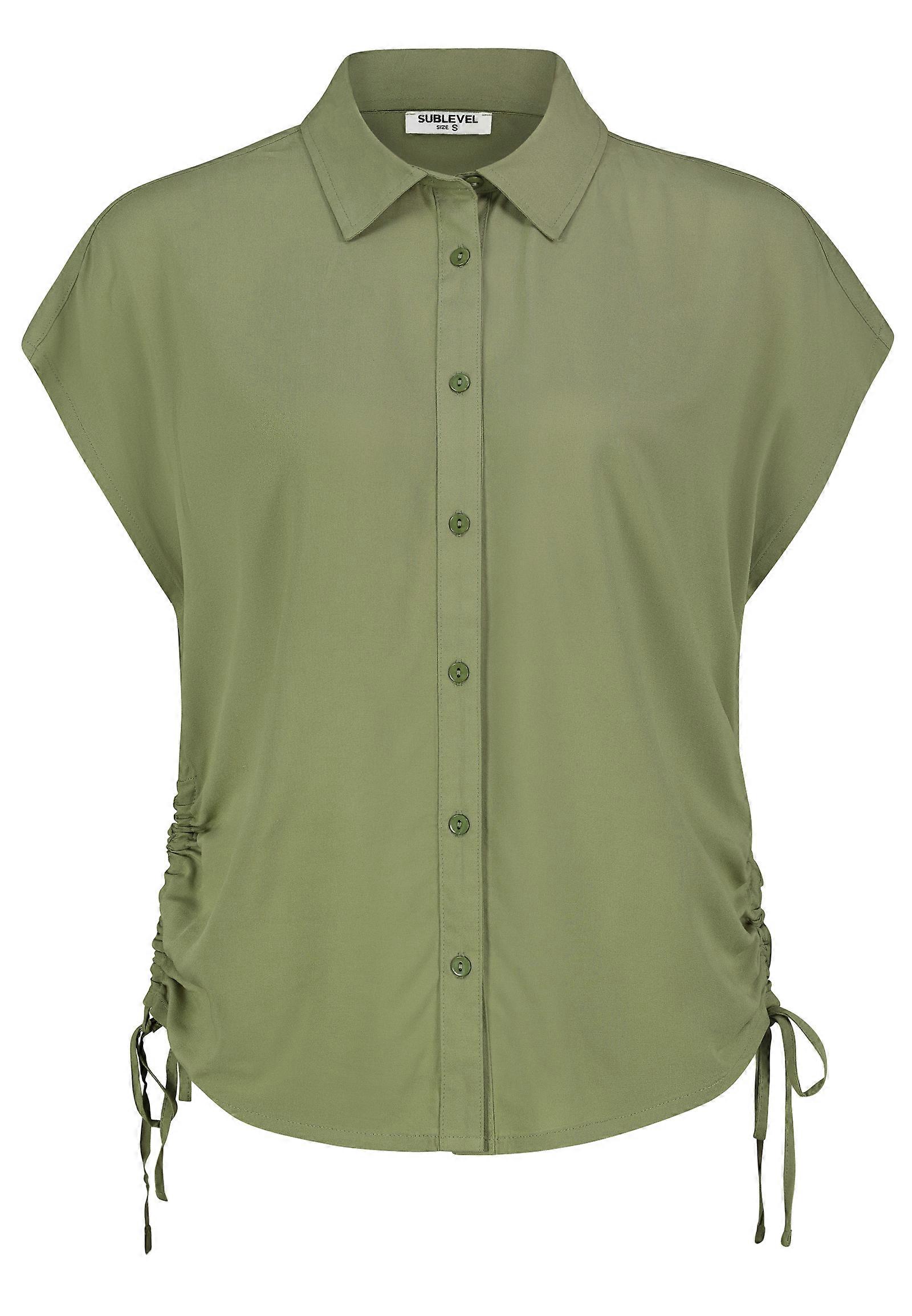 Womens Blouse with Collar and Lace Up Button Placket Short Sleeve