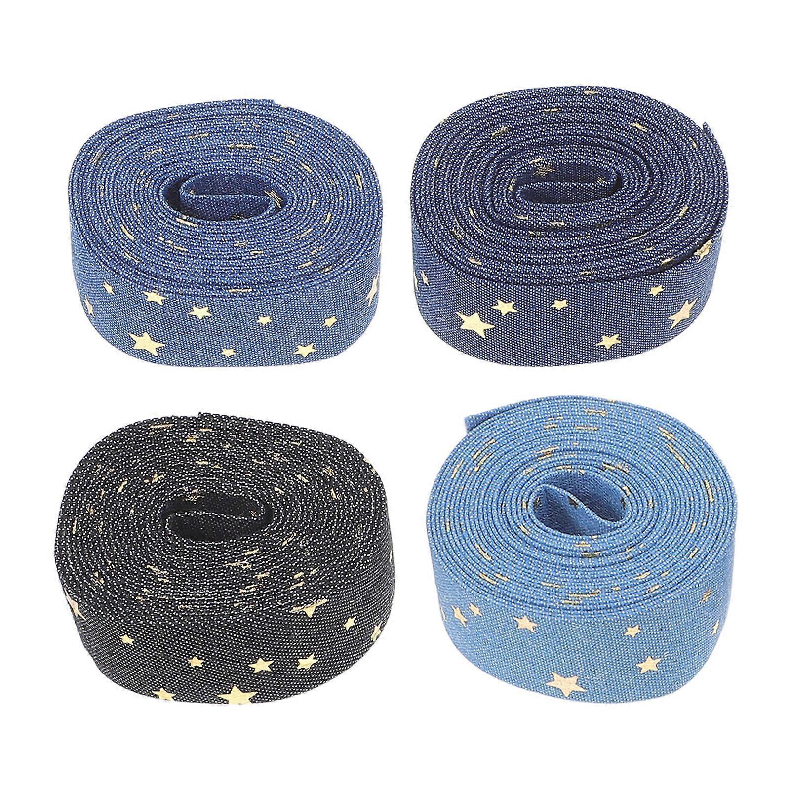 4 Rolls Denim Ribbon with Gold Foil Star Print – Craft Binding Tape for Sewing, Holiday Decor, Wrapping & DIY Projects