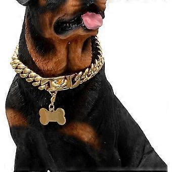 Luxury Gold Cuban Link Dog Choke Collar - Heavy Duty & Chew Resistant with Secure Buckle & Bone ID Tag