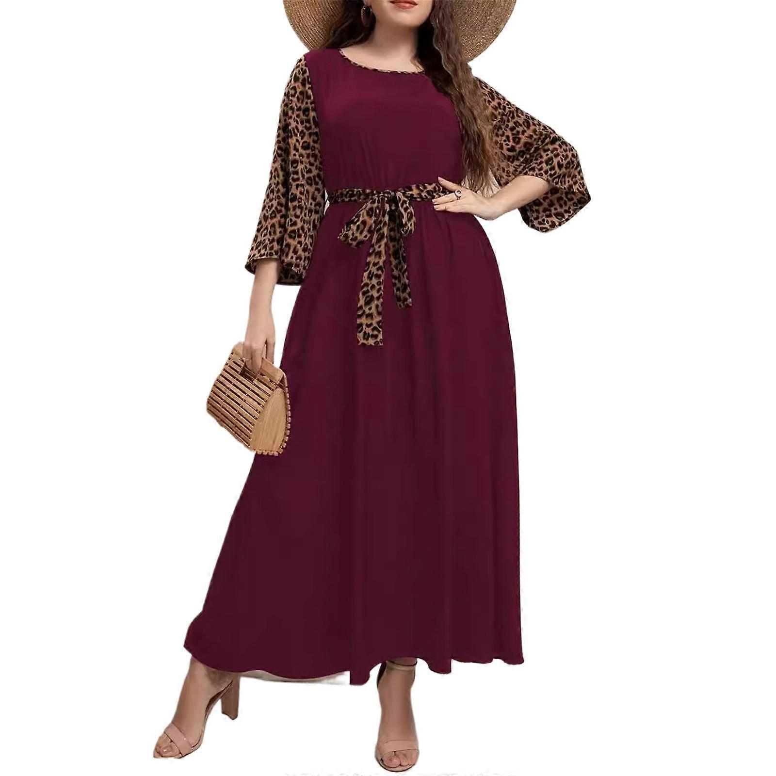 Rahat Uzun Kollu Elbise Yumuşak Ve Nefes Alabilir Polyester Yuvarlak Boyun Patchwork Elbise Çeşitli Durumlar İçin Bordo XL