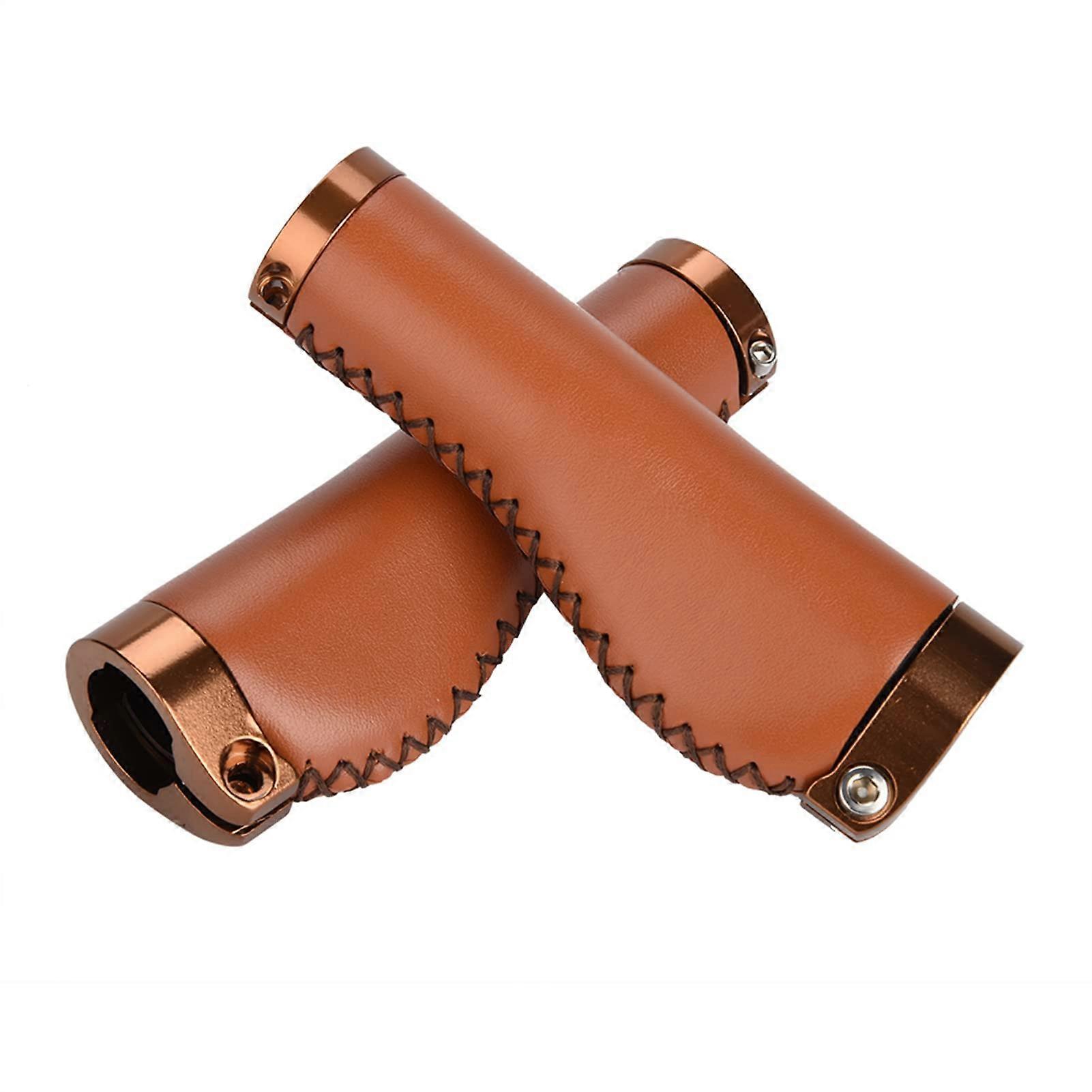 1 Pair Bicycle Grips Leather Handlebar Grips Folding Grips with Lock for Mountain Bike Brown