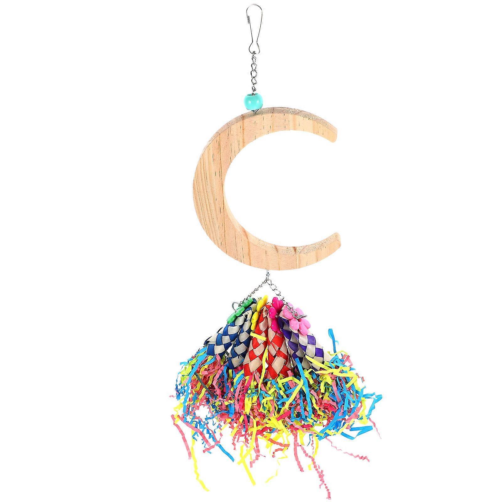 Bird Moon Shaped Swing Toy Wood Parrot Playset for Bird Cage