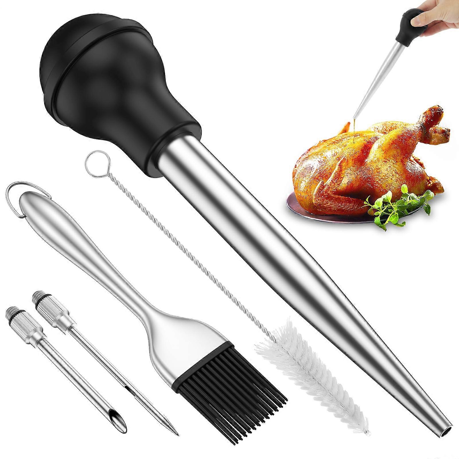 Turkey Baster Stainless Steel Injector Set with Removable Light Bulb Syringe for Reusable Cooking and Basting