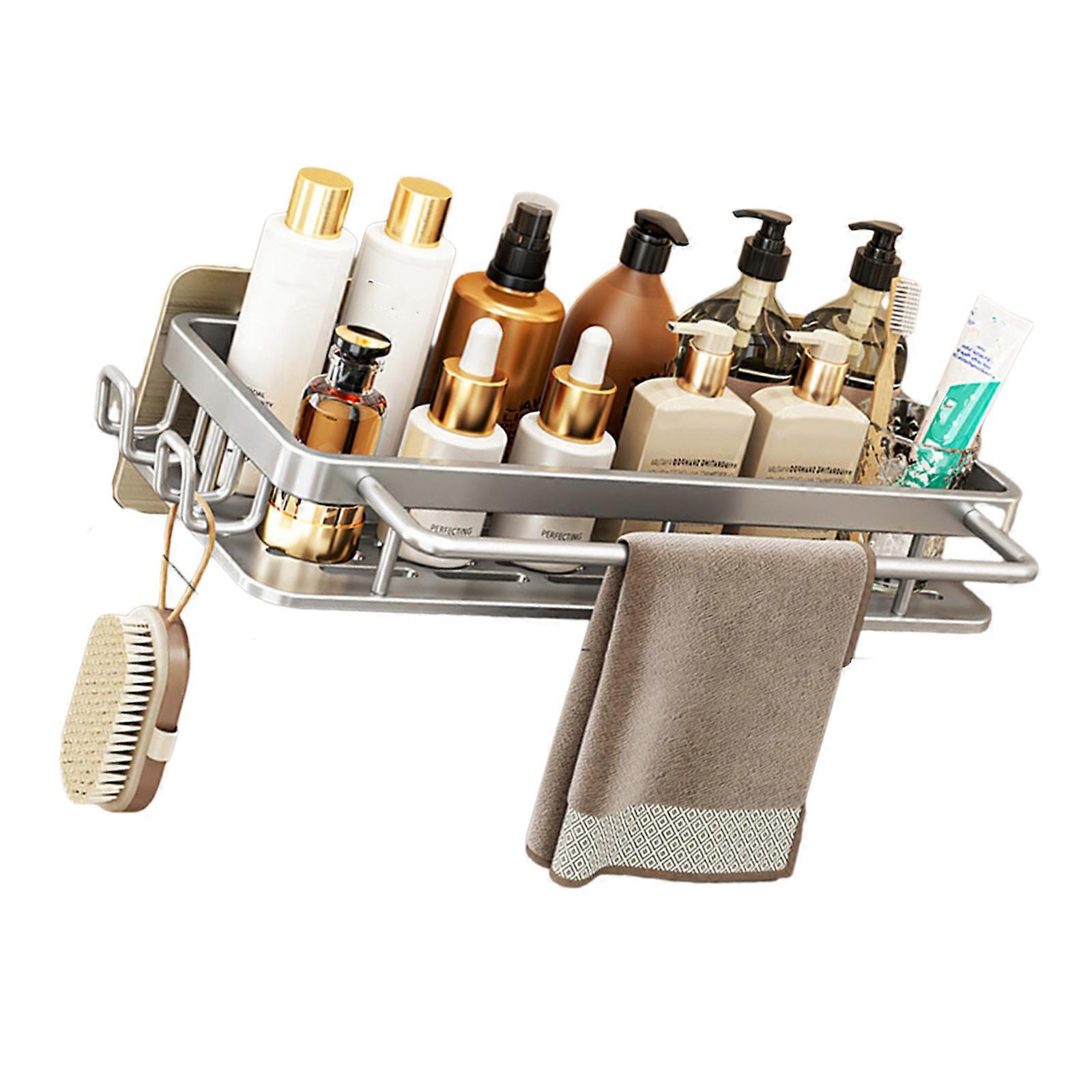 スペース効率の良いバスルーム収納棚ドリルリリース設置ウォールラック防水合金材料安全な接着剤シルバー