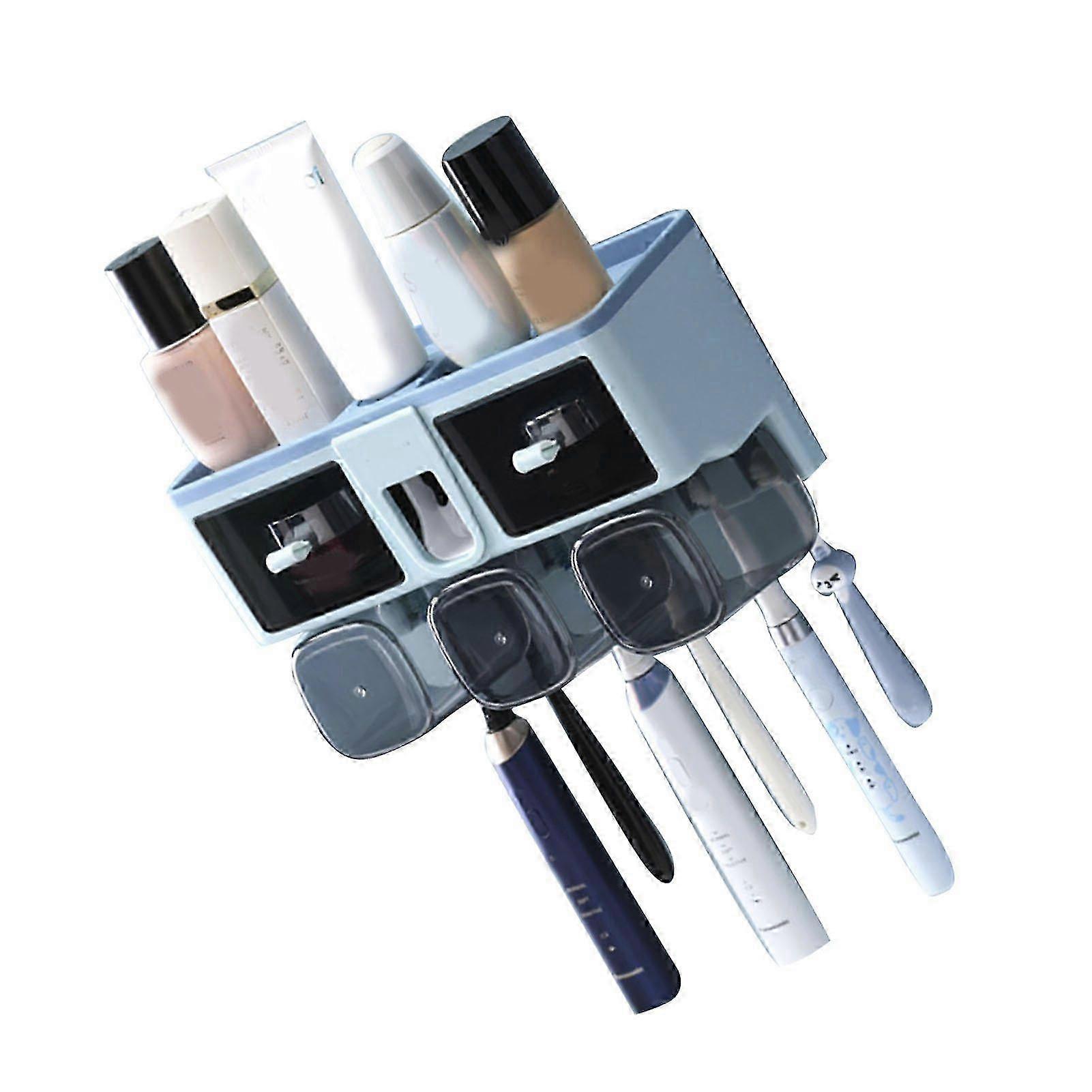 Wall-Mounted Toothbrush Holder with 3-Cup Rack, Blue, Punch-Free Installation