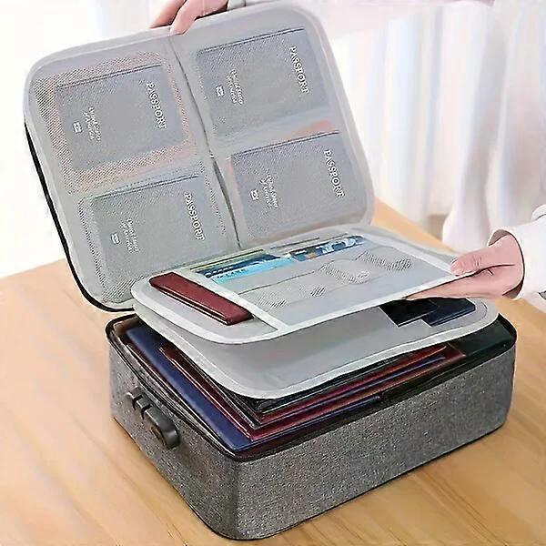 Three-layer file storage bag with lock design, suitable for home and travel
