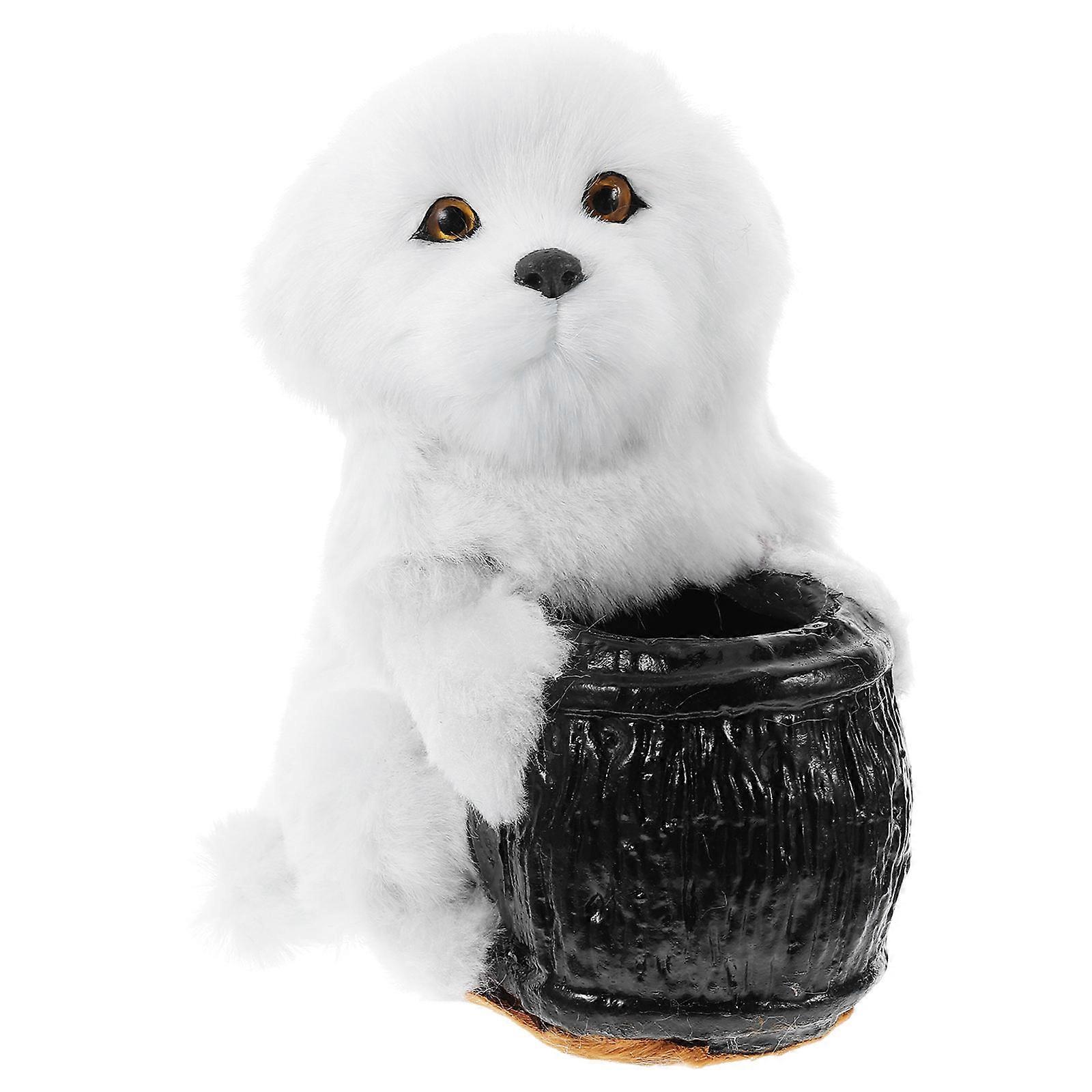 White Plush Dog Pen Holder for Desk Use Soft Cute Office Organizer