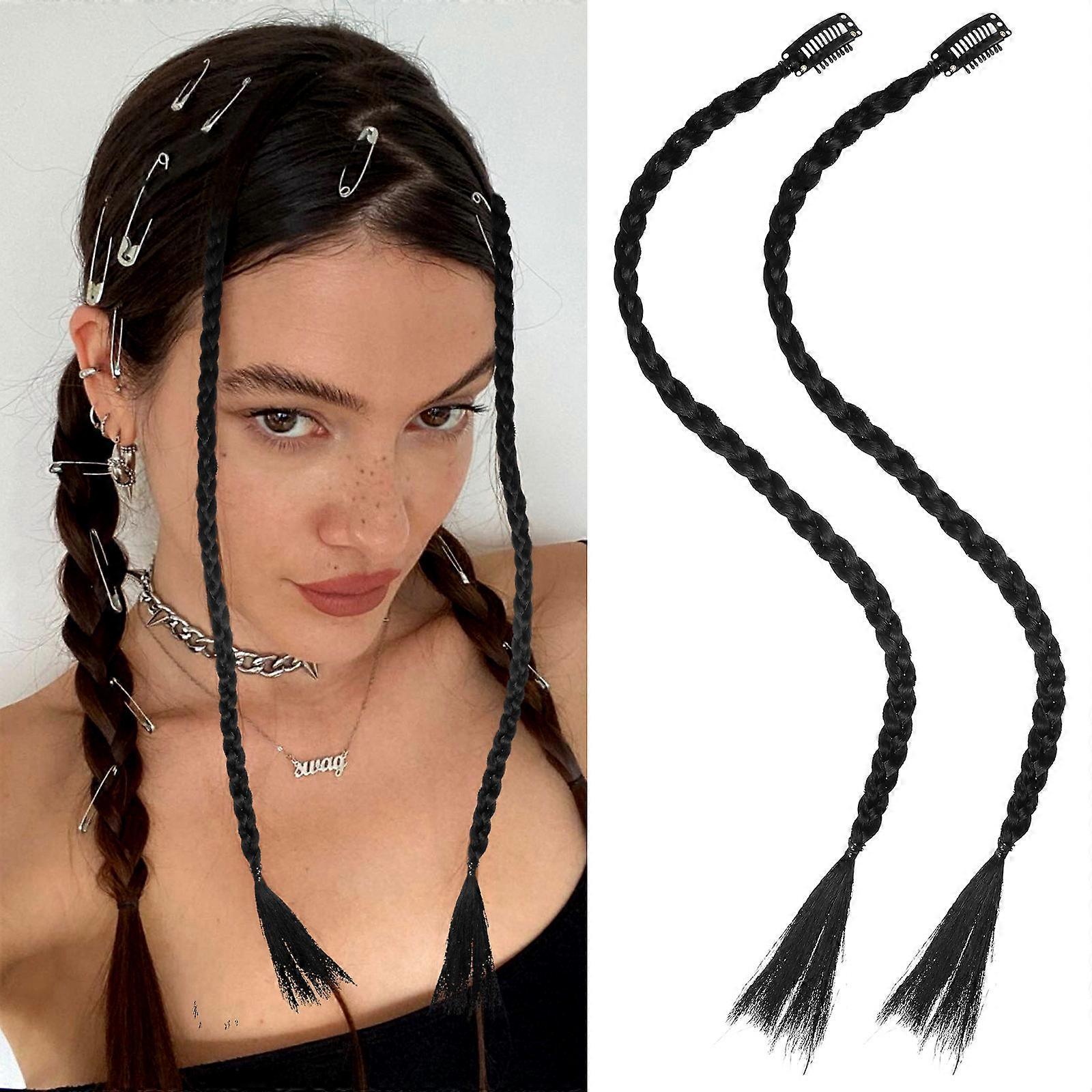 Black Braid Hair Extensions Clip Cosplay Use 8Pcs Pack