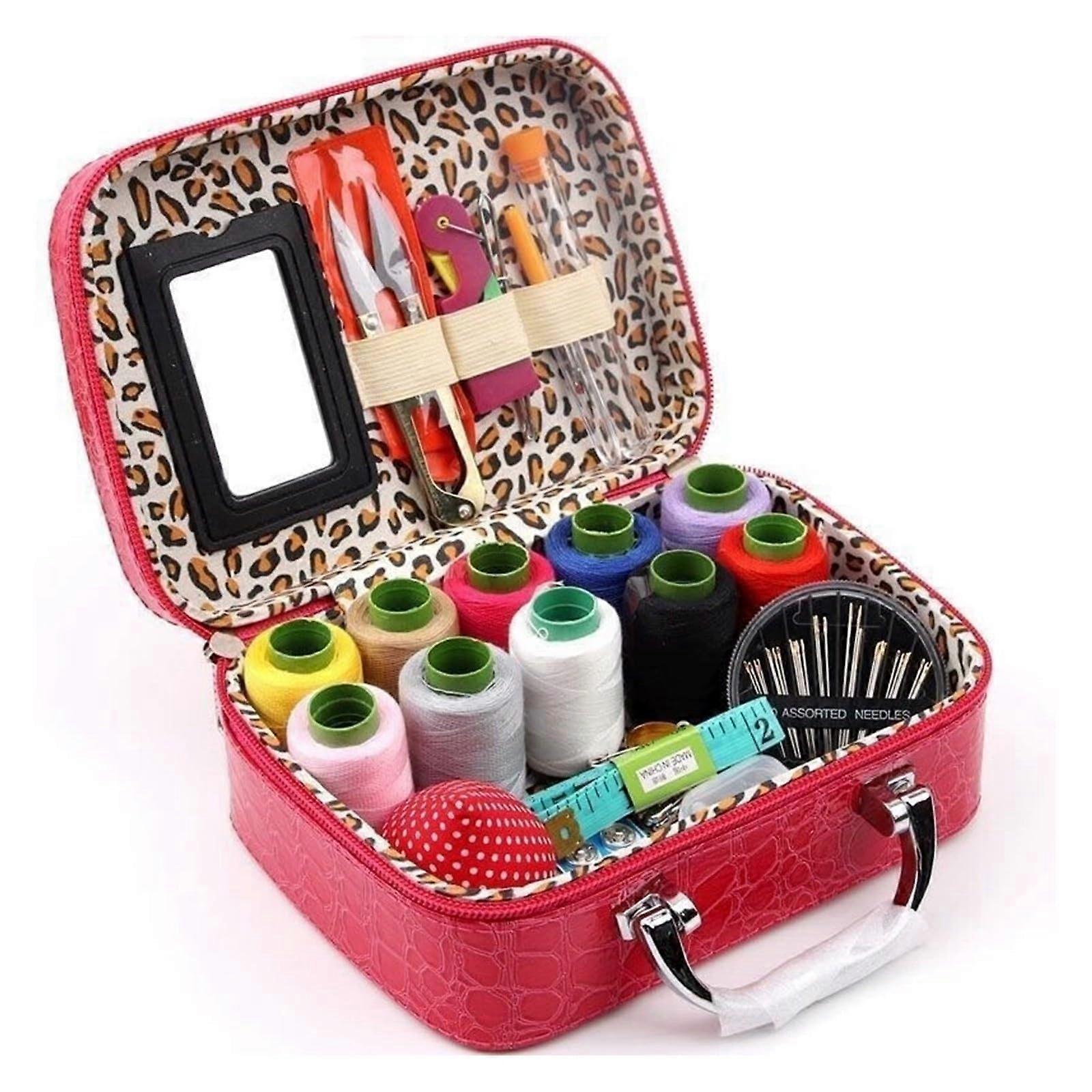 Portable Sewing Kit In Faux Leather Case Steel Needles Kit DIY Hand Made Craft Set Red