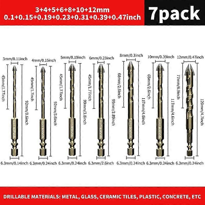 5pcs/7pcs 3-12mm Cross Hex Tile Drill Bit For Glass Concrete Ceramic Tile Hole Opener, Tungsten Carbide Hard Alloy Bits Set Tool