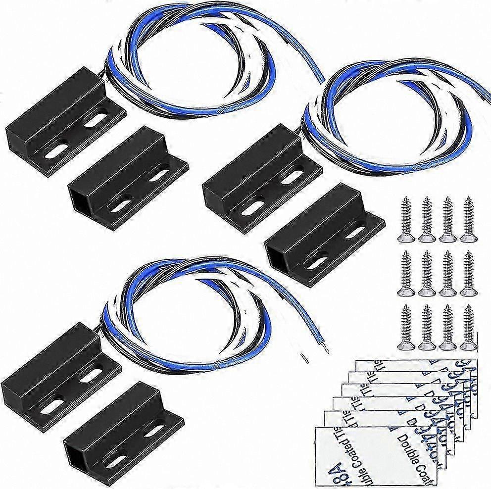 3 Packs Magnetic Door Window Sensors, Black Flush Mount Reed Switches, NO/NC Wiring for Access Control and Alarm System Replacement