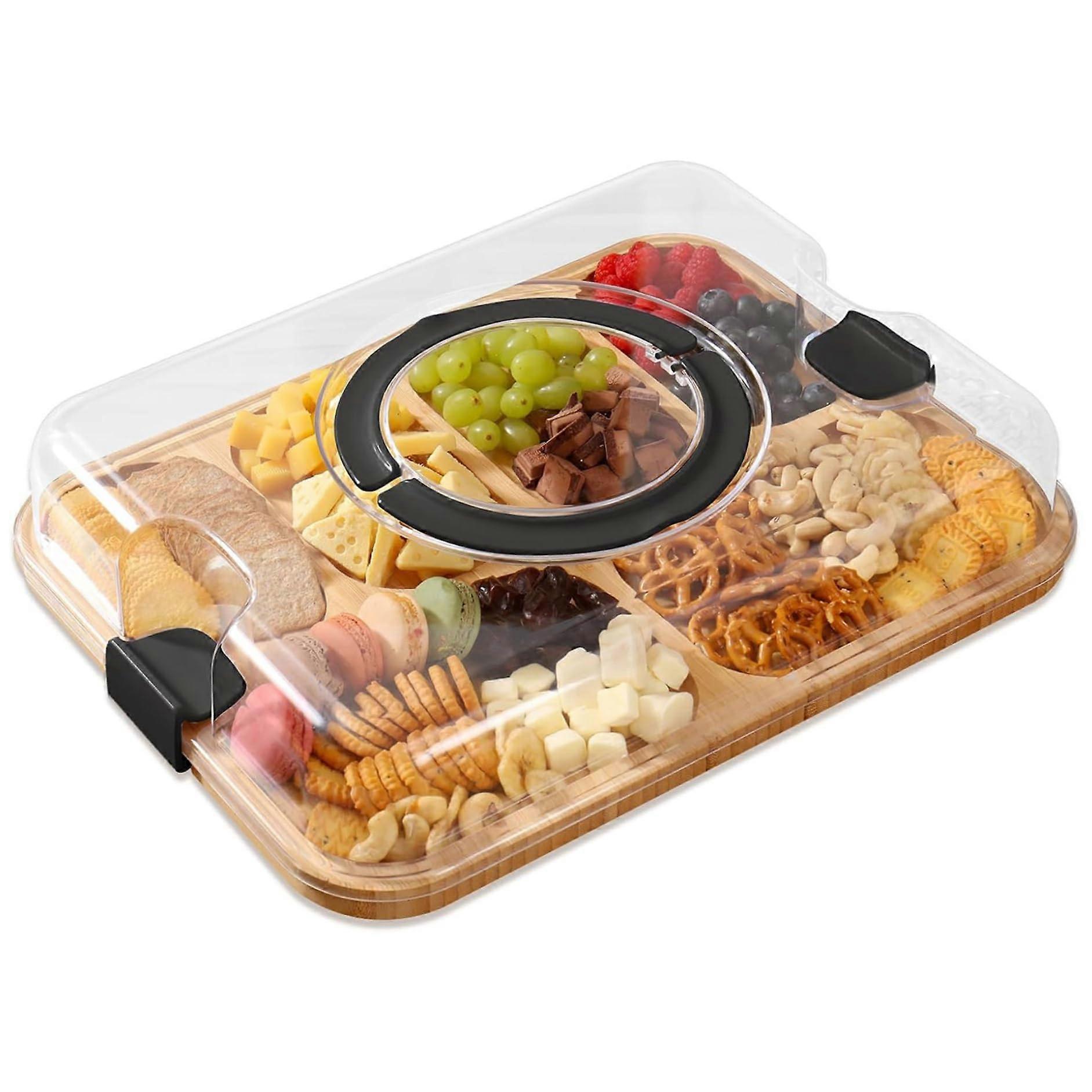 Cutting Boards for Kitchen, Double Sided Bamboo Cutting Board With Locking Lid, Charcuterie Board, 6Compartment Tray