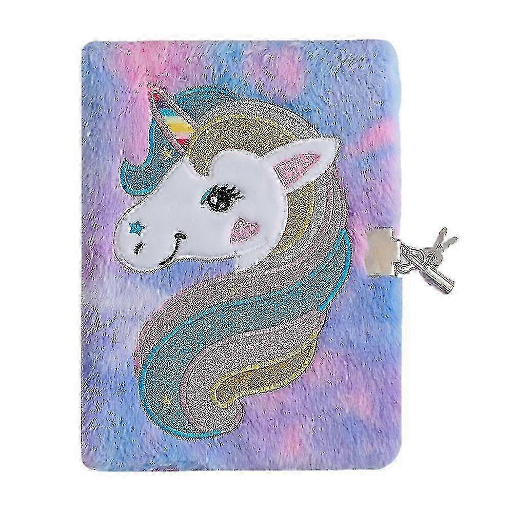 Unicorn Diary With Lock And Key, Cute Tie-dye Fuzzy Plush Journal Notebook For Kids Girls Gift -NMAOV
