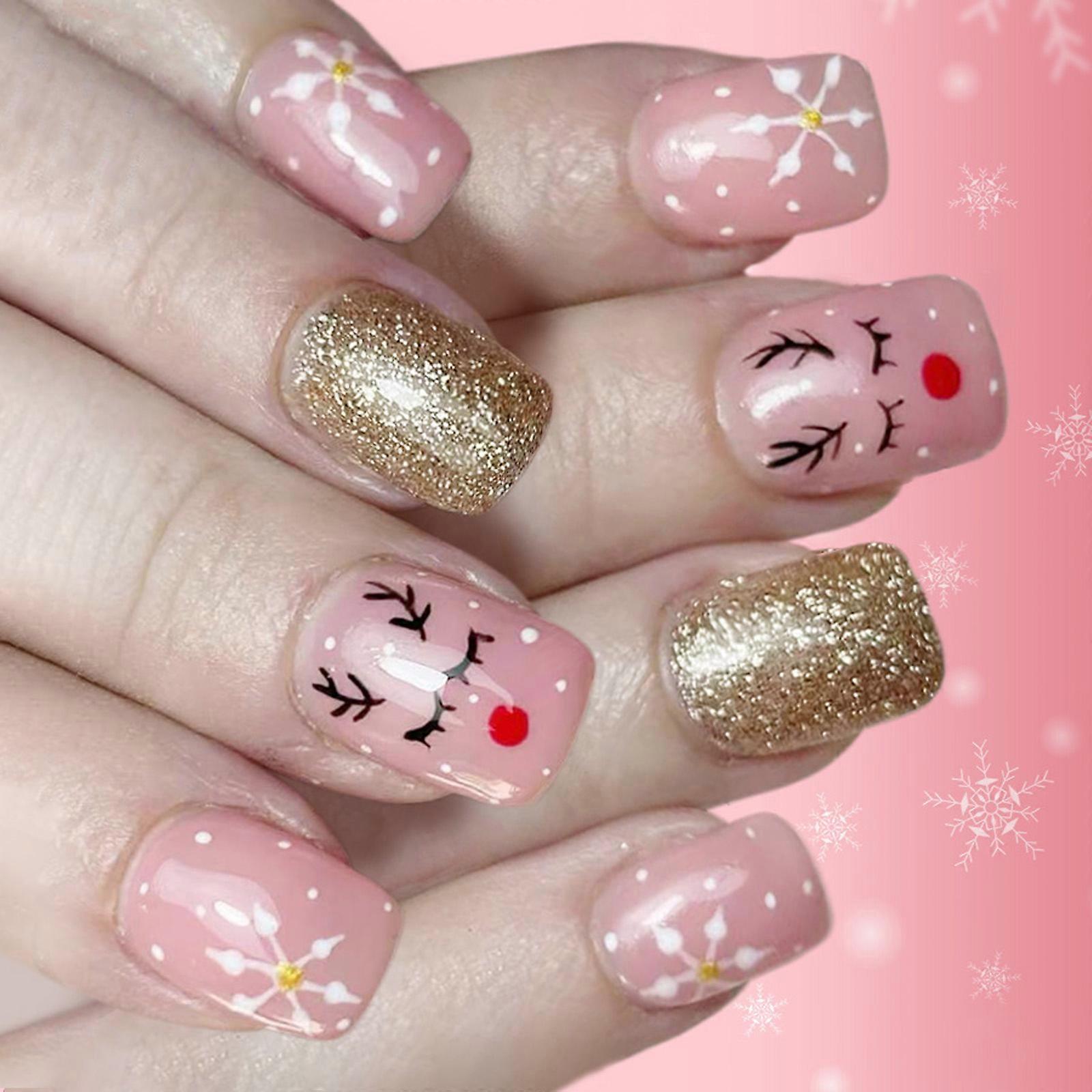 Pack Of 24 Scintillate False Ungues Christmas Design With Snowflakes Reindeer Patterns Permanent ABS Material For Holiday Parties Multicolor