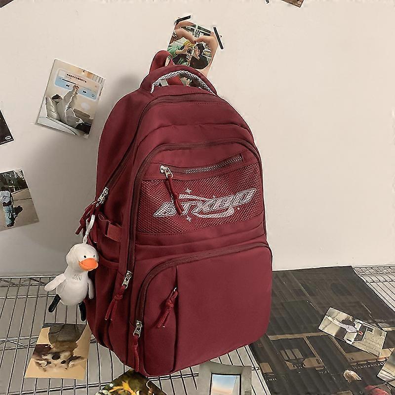 Nylon School Backpack for High School Students, Large Capacity, Shoulder Strap Bag, Red