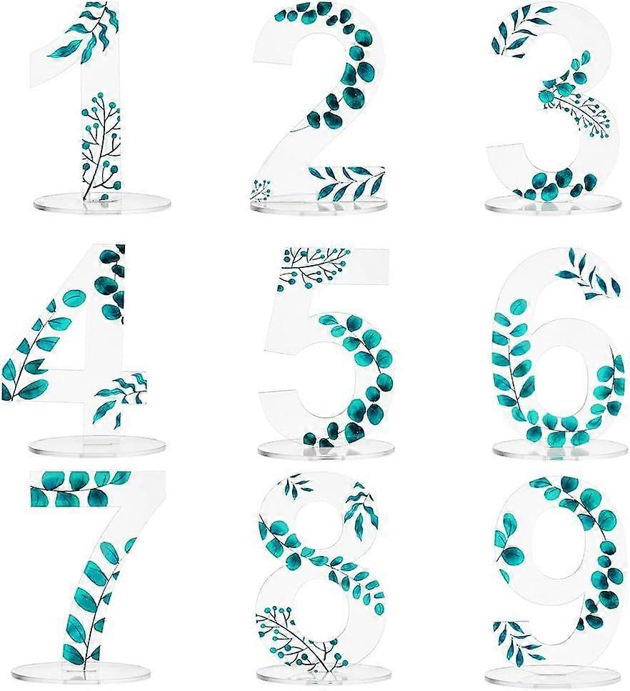 9 Sets Acrylic Clear Table Number Calligraphy Number for Wedding Table 0-9 Table Numbers Stands with Holder Base for Restaurant Decoration Birthday Pa