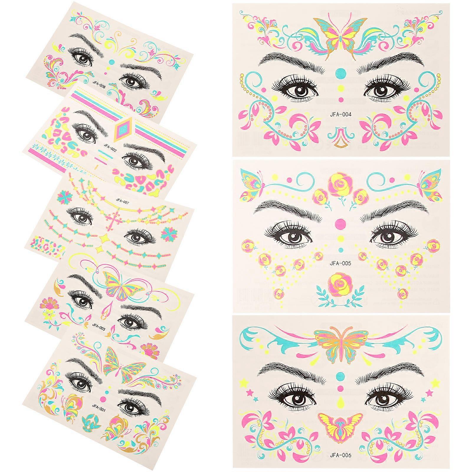 Gold Glitter Fluorescent Face Sticker Temporary Tattoo Sticker 8 Sheets