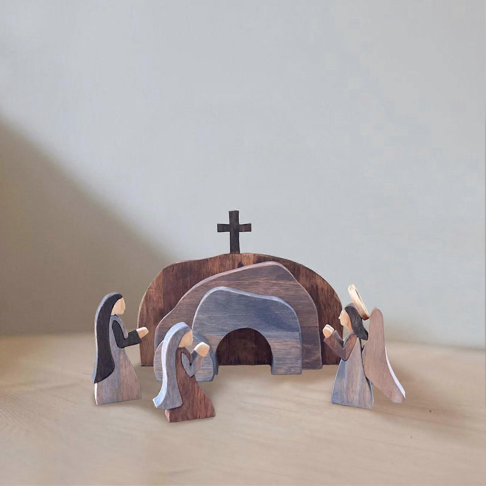 Easter Resurrection Decoration Wooden Empty Tomb Scene Set with Cross Figurines and DoubleSided Printing
