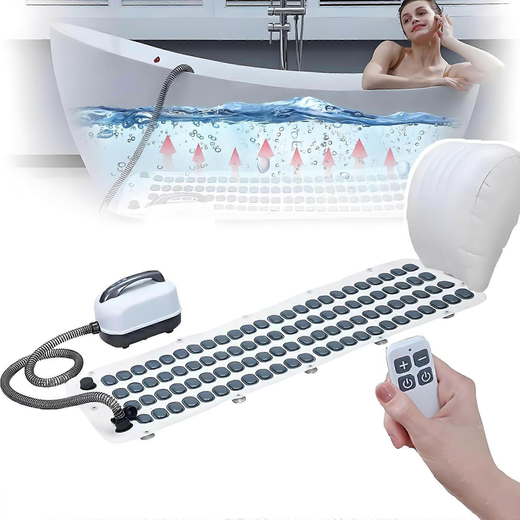 Bubble Bath Spa Mat with Remote Control and Inflatable Pillow, 9Speed Massage, Auto Shutoff
