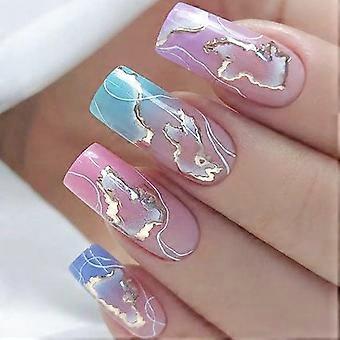 Long French Square Press On Nails 24pcs Colored Gradient Fake Nails Summer Style Full Cover