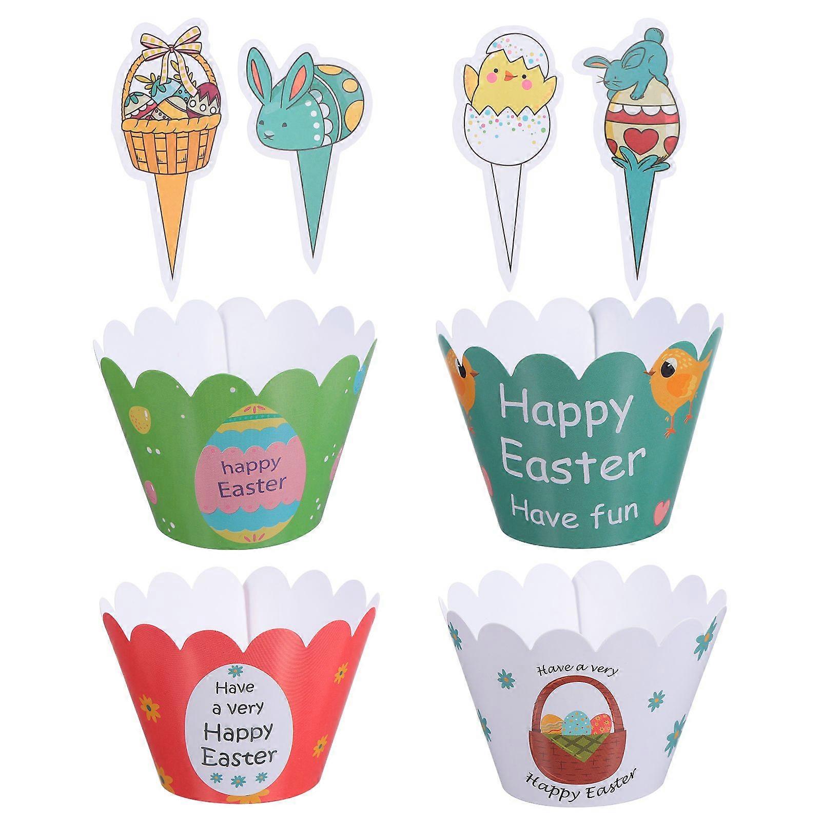 48Pcs Easter Cupcake Wrappers Adorable Cupcake Picks Cake Wrapper Toppers Set