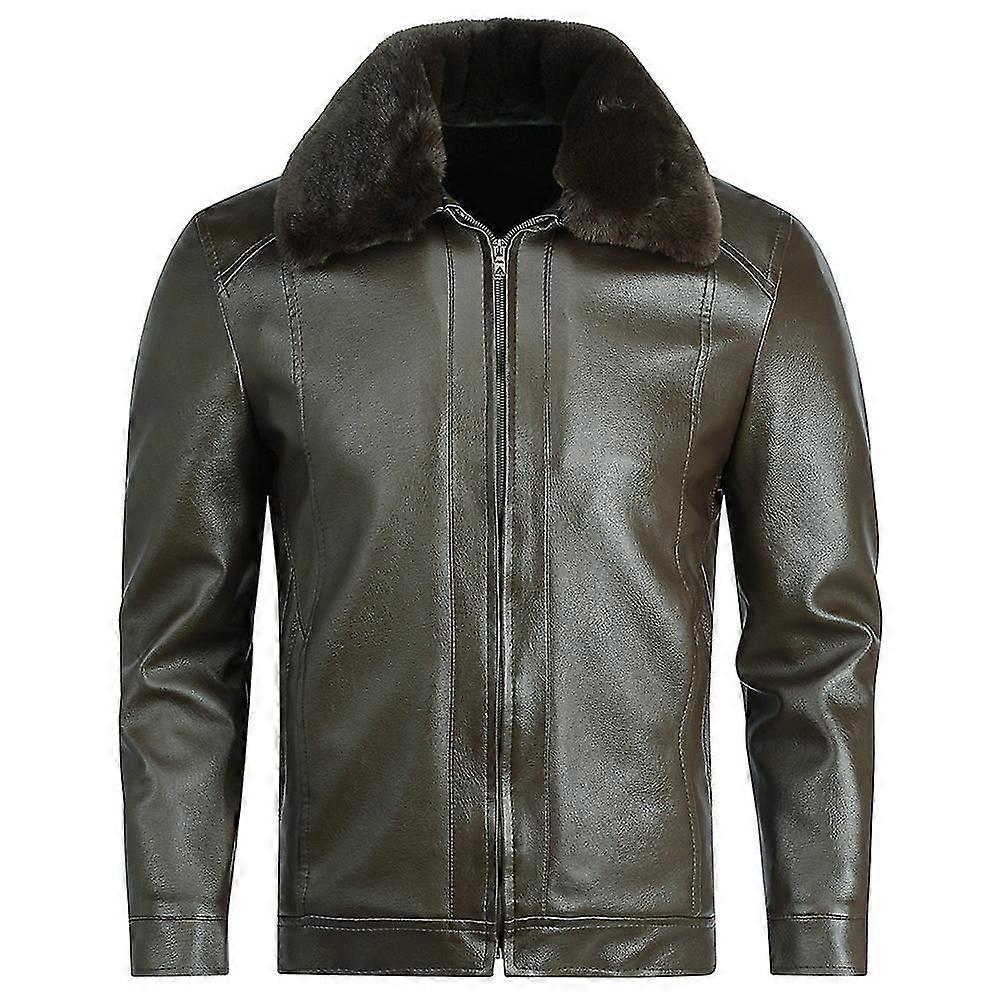 Mens Winter Solid Color Fur Collar Lapel Leather Jacket