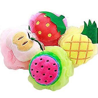 Kids Bath Sponge Set of 4 with Fun Fruit Design, Gentle Exfoliating Soft Mesh for Children