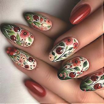Bloemenpersnagel, korte veernagel, kunstnagel met bloemmotieven, plaknagel, glanzende kunstnagel, 24 stuks, veelkleurig
