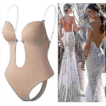 Backless Body Shaper Bra for Women, Deep V-Neck Seamless Thong Shapewear, Tummy Control Bodysuit with Clear Straps for Wedding Party