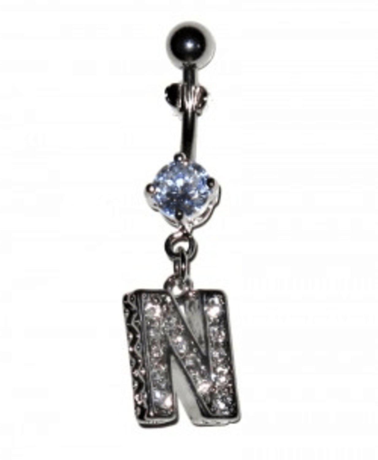 Belly Button Piercing With White Crystals - Letter N